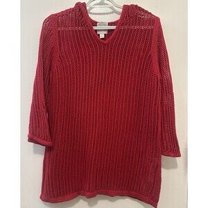 Sunday Swim Cover Up Tunic Sweater Hooded Red Open Knit Large Womens Side Slits